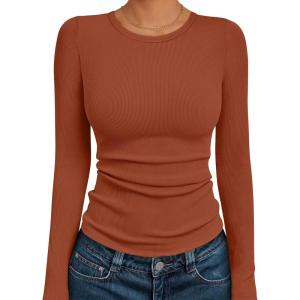 imageAUTOMET Womens Long Sleeve Blouses Shirts with Ribbed Knit Work Office Basic TopsMaple