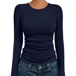 imageAUTOMET Womens Long Sleeve Blouses Shirts with Ribbed Knit Work Office Basic TopsNavy Blue