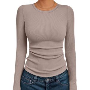 imageAUTOMET Womens Long Sleeve Blouses Shirts with Ribbed Knit Work Office Basic TopsOatmeal