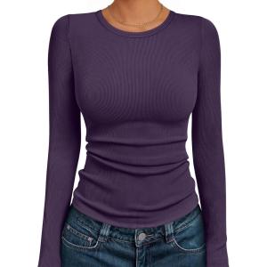 imageAUTOMET Womens Long Sleeve Blouses Shirts with Ribbed Knit Work Office Basic TopsPurple