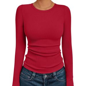 imageAUTOMET Womens Long Sleeve Blouses Shirts with Ribbed Knit Work Office Basic TopsRed