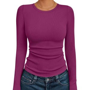 imageAUTOMET Womens Long Sleeve Blouses Shirts with Ribbed Knit Work Office Basic TopsRose Red