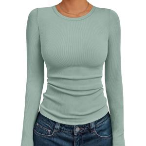 imageAUTOMET Womens Long Sleeve Blouses Shirts with Ribbed Knit Work Office Basic TopsSage Green