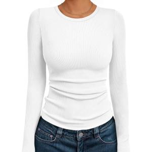 imageAUTOMET Womens Long Sleeve Blouses Shirts with Ribbed Knit Work Office Basic TopsWhite