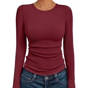 imageAUTOMET Womens Long Sleeve Blouses Shirts with Ribbed Knit Work Office Basic TopsWine Red