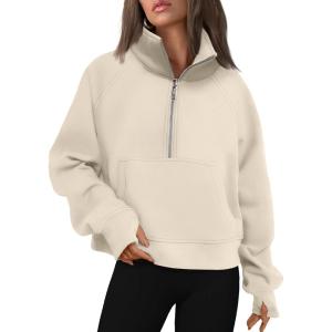 imageAUTOMET Womens Sweatshirts Half Zip Cropped Pullover Fleece Quarter Zipper Hoodies 2025 Fall Fashion Outfits ClothesBeige