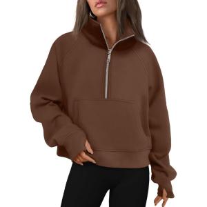 imageAUTOMET Womens Sweatshirts Half Zip Cropped Pullover Fleece Quarter Zipper Hoodies 2025 Fall Fashion Outfits ClothesBrown