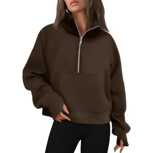 imageAUTOMET Womens Sweatshirts Half Zip Cropped Pullover Fleece Quarter Zipper Hoodies 2025 Fall Fashion Outfits ClothesCoffee