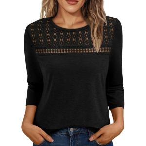 imageAUTOMET 34 Length Sleeve Womens Tops Lace Business Dressy Casual Blouses Spring Summer Fall Trendy Cute Work T ShirtsBlack