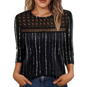 imageAUTOMET 34 Length Sleeve Womens Tops Lace Business Dressy Casual Blouses Spring Summer Fall Trendy Cute Work T ShirtsBlack Stripe
