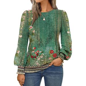 imageAUTOMET Long Sleeve Shirts Womens Pleated Business Casual Blouses with Smocked CuffsFloral Green