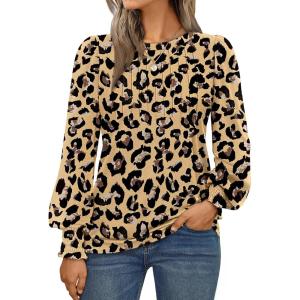 imageAUTOMET Long Sleeve Shirts Womens Pleated Business Casual Blouses with Smocked CuffsLeopard