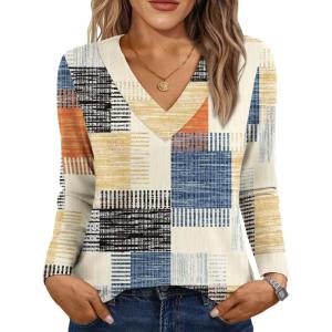 imageAUTOMET Long Sleeve Shirts for Women Tops V Neck Casual Top Comfortable Shirt Soft Basic Tees Women BlousesColorfullines