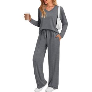 imageAUTOMET Sweatsuits Women 2 Piece Outfit Fashion Travel Lounge Sets With Wide Leg Pants Airport Track Suits Fall Clothes 2025Darkgrey