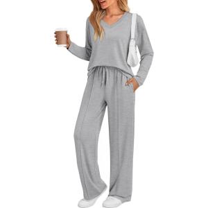 imageAUTOMET Sweatsuits Women 2 Piece Outfit Fashion Travel Lounge Sets With Wide Leg Pants Airport Track Suits Fall Clothes 2025Grey