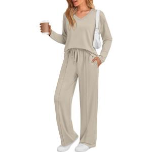 imageAUTOMET Sweatsuits Women 2 Piece Outfit Fashion Travel Lounge Sets With Wide Leg Pants Airport Track Suits Fall Clothes 2025Khaki