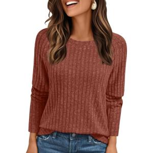 imageAUTOMET Womens Long Sleeve Shirts Fall Fashion Tops 2025 Crewneck Dressy Sweaters Tunic Winter Clothes Casual OutfitsMaple