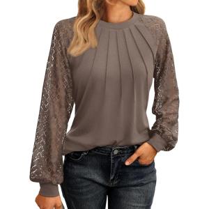 imageAUTOMET Womens Long Sleeve Shirts Pleated Lace Tops Fall Fashion Outfits Business Casual BlousesCoffee
