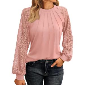 imageAUTOMET Womens Long Sleeve Shirts Pleated Lace Tops Fall Fashion Outfits Business Casual BlousesCoral