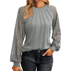 imageAUTOMET Womens Long Sleeve Shirts Pleated Lace Tops Fall Fashion Outfits Business Casual BlousesGrey