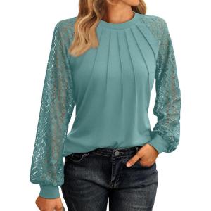 imageAUTOMET Womens Long Sleeve Shirts Pleated Lace Tops Fall Fashion Outfits Business Casual BlousesGreygreen