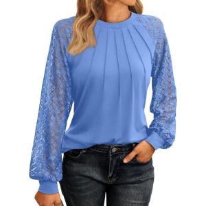 imageAUTOMET Womens Long Sleeve Shirts Pleated Lace Tops Fall Fashion Outfits Business Casual BlousesLightblue