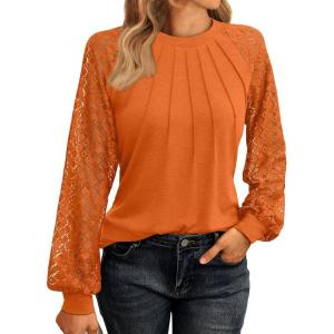 imageAUTOMET Womens Long Sleeve Shirts Pleated Lace Tops Fall Fashion Outfits Business Casual BlousesLightorange