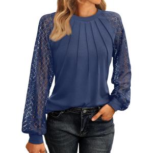 imageAUTOMET Womens Long Sleeve Shirts Pleated Lace Tops Fall Fashion Outfits Business Casual BlousesNavy