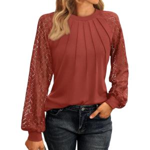 imageAUTOMET Womens Long Sleeve Shirts Pleated Lace Tops Fall Fashion Outfits Business Casual BlousesOrange