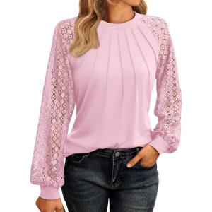 imageAUTOMET Womens Long Sleeve Shirts Pleated Lace Tops Fall Fashion Outfits Business Casual BlousesPink