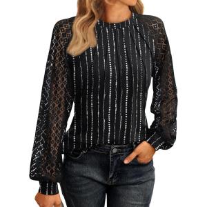 imageAUTOMET Womens Long Sleeve Shirts Pleated Lace Tops Fall Fashion Outfits Business Casual BlousesPrinting Black