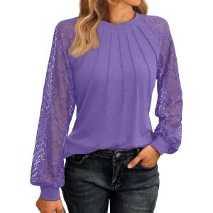 imageAUTOMET Womens Long Sleeve Shirts Pleated Lace Tops Fall Fashion Outfits Business Casual BlousesPurple