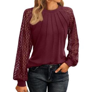 imageAUTOMET Womens Long Sleeve Shirts Pleated Lace Tops Fall Fashion Outfits Business Casual BlousesRed
