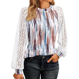 imageAUTOMET Womens Long Sleeve Shirts Pleated Lace Tops Fall Fashion Outfits Business Casual BlousesTiedye Multi