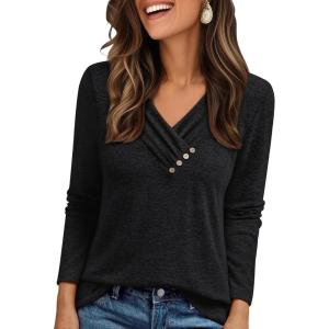 imageAUTOMET Womens Long Sleeve Tunic Top V Neck Button Shirts 2025 Dressy Casual Business BlousesBlack