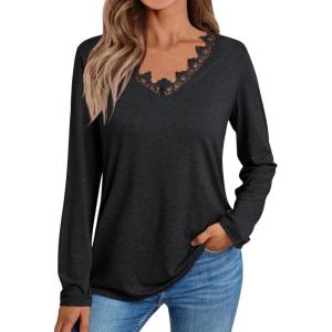 imageAUTOMET Long Sleeve Shirts for Women 2025 Fall Fashion Lace V Neck Loose Fit Casual Tops Trendy T Shirts Outfits ClothesBlack