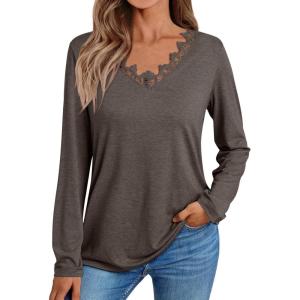 imageAUTOMET Long Sleeve Shirts for Women 2025 Fall Fashion Lace V Neck Loose Fit Casual Tops Trendy T Shirts Outfits ClothesCoffee Grey