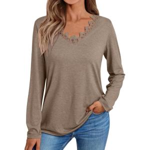 imageAUTOMET Long Sleeve Shirts for Women 2025 Fall Fashion Lace V Neck Loose Fit Casual Tops Trendy T Shirts Outfits ClothesKhaki