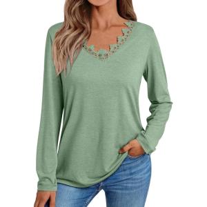 imageAUTOMET Long Sleeve Shirts for Women 2025 Fall Fashion Lace V Neck Loose Fit Casual Tops Trendy T Shirts Outfits ClothesLight Green