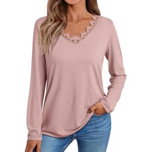 imageAUTOMET Long Sleeve Shirts for Women 2025 Fall Fashion Lace V Neck Loose Fit Casual Tops Trendy T Shirts Outfits ClothesPink