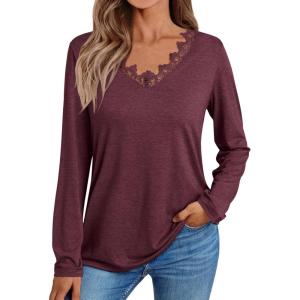 imageAUTOMET Long Sleeve Shirts for Women 2025 Fall Fashion Lace V Neck Loose Fit Casual Tops Trendy T Shirts Outfits ClothesWine Red