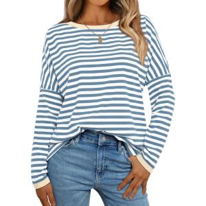 imageAUTOMET Women Drop Shoulder Long Sleeve Striped T Shirts Crew Neck Loose Fit Tops Fall Fashion Clothes Casual Tunic XLarge