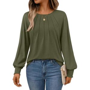 imageAUTOMET Womens Fall Fashion Long Sleeve Shirts Dressy Casual Pleated Basic Trendy Tops Winter Clothes 2025Army Green