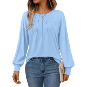 imageAUTOMET Womens Fall Fashion Long Sleeve Shirts Dressy Casual Pleated Basic Trendy Tops Winter Clothes 2025Light Blue
