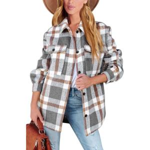 imageAUTOMET Womens Fall Outfits Fashion Clothes Shackets Flannel Plaid Button Down Long Sleeve Shirts JacketsGreybrown