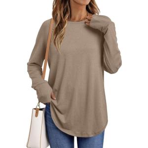imageAUTOMET Womens Long Sleeve Shirts Crew Neck Casual Tshirts Fall Fashion Tops Loose Fit Lightweight Y2k Outfits ClothesKhaki
