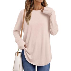 imageAUTOMET Womens Long Sleeve Shirts Crew Neck Casual Tshirts Fall Fashion Tops Loose Fit Lightweight Y2k Outfits ClothesPink