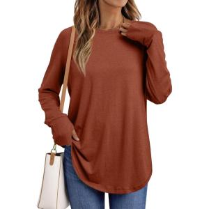 imageAUTOMET Womens Long Sleeve Shirts Crew Neck Casual Tshirts Fall Fashion Tops Loose Fit Lightweight Y2k Outfits ClothesRust