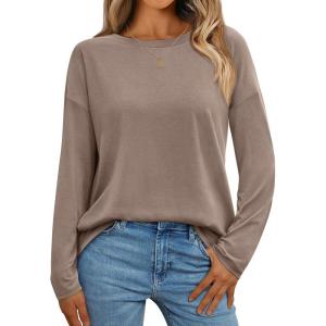 imageAUTOMET Womens Long Sleeve Shirts Loose Fitted Crewneck Basic Tops Casual Outfits Fall Clothes 2025Khaki