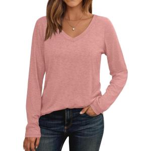 imageAUTOMET Womens Long Sleeve Shirts V Neck Casual Tops Loose Dressy Basic Fall Fashion Trendy Outfits Winter ClothesPink